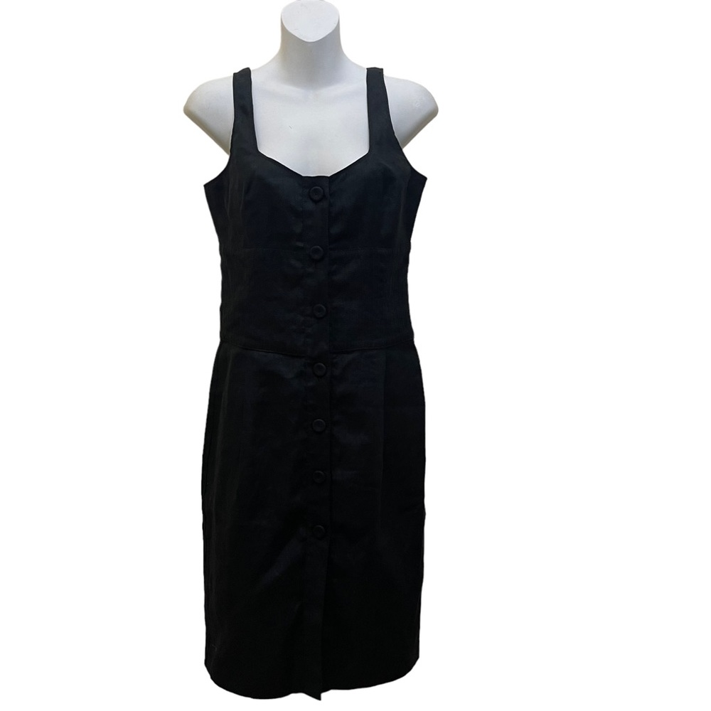 Tahari Arthur S. Levine Sz 6 Linen Black  Sleeveless Mini Dress Button Down